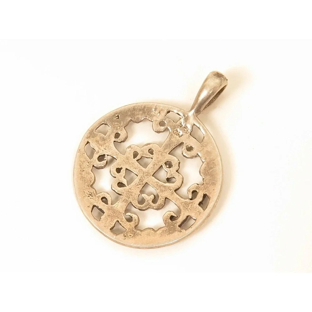 Sterling Silver 925‎ CN Signed Round Filigree Marcasite Stone Necklace Pendant